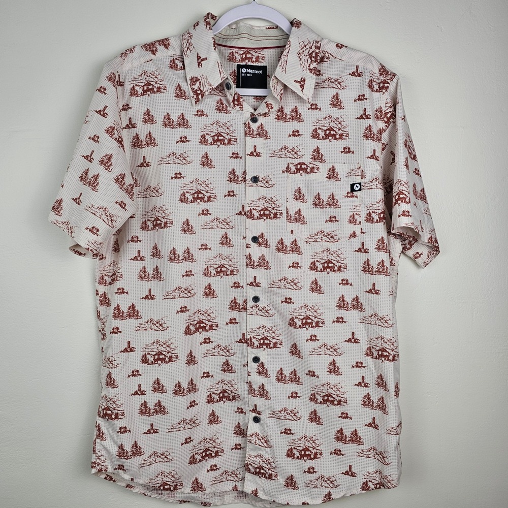 Marmot Shirt Men Medium White Red Cabin Mountain Print Short Sleeve Outdoor